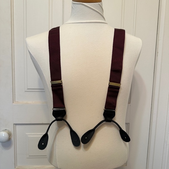Vintage Suspenders Maroon Grosgrain Black Leather Ends Made in England Unworn - Picture 1 of 15